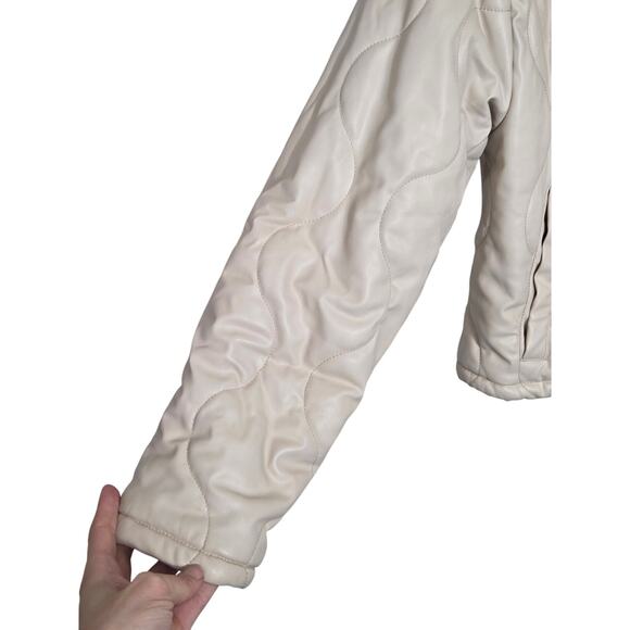 Zara Faux Leather Quilted Puffer Jacket Women's Medium Cropped Ivory - Picture 5 of 13